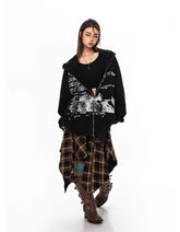 Washed letter hoodie cardigan